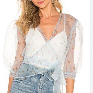 Aeryne Agathe Top Large Feuille Blue Sheer Organza Puff Sleeve Wrap Top